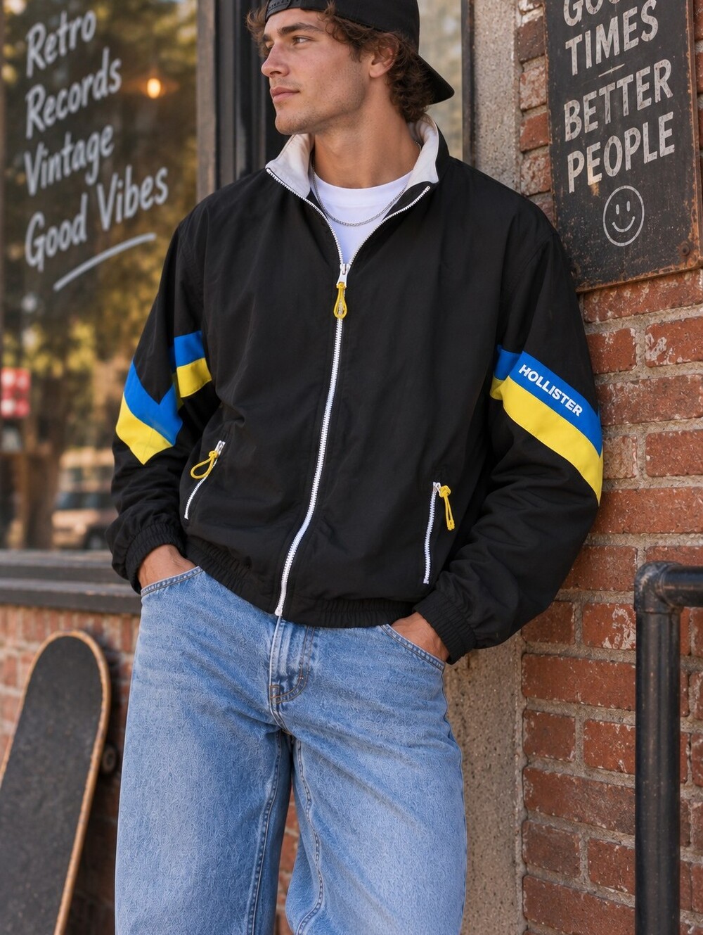 Hollister Men's Windbreaker Jacket Epic Flex Full Zip Front Pockets Y2K 90s